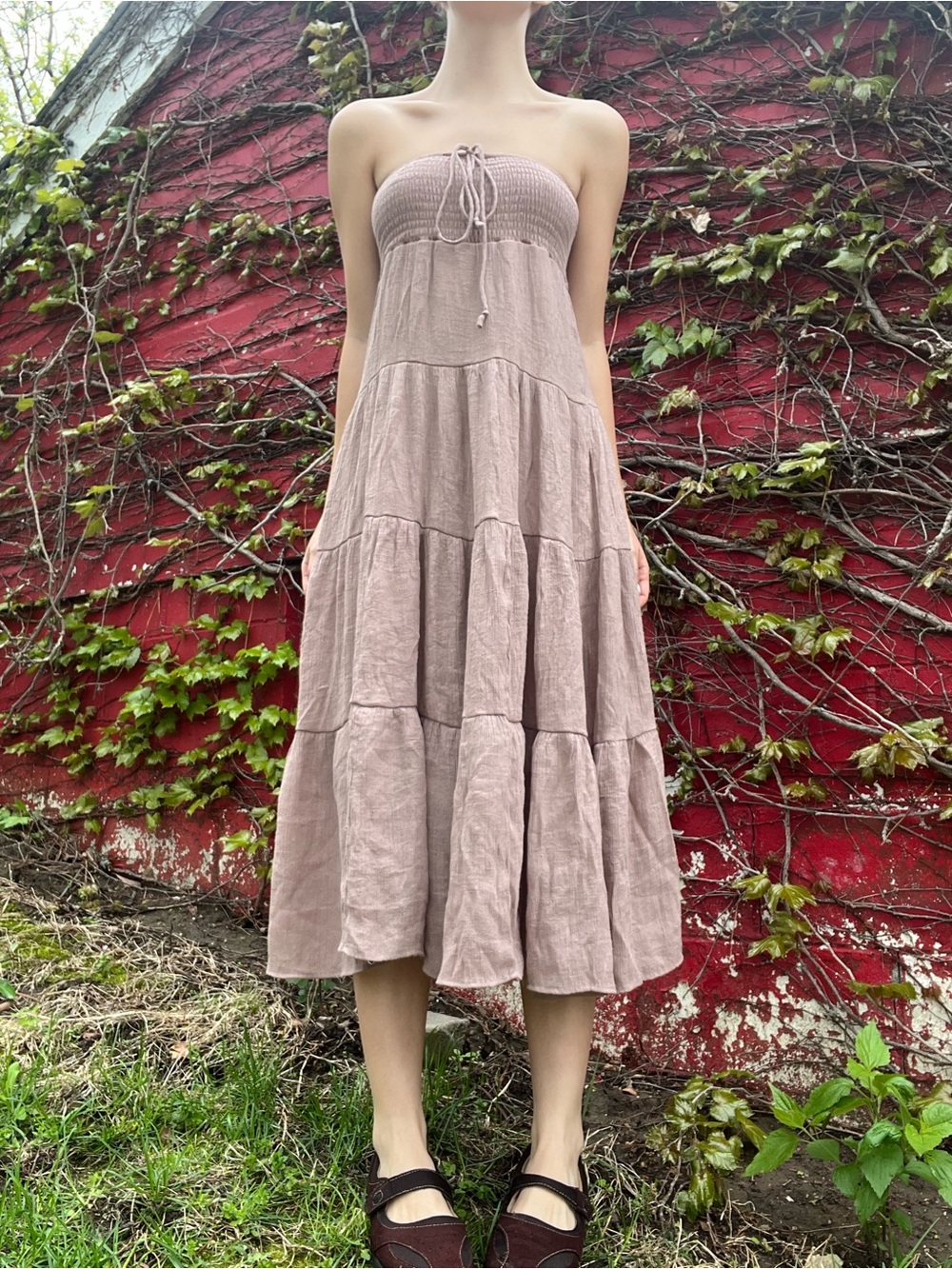 Strapless Tiered Midi Dress in Dusty Mauve